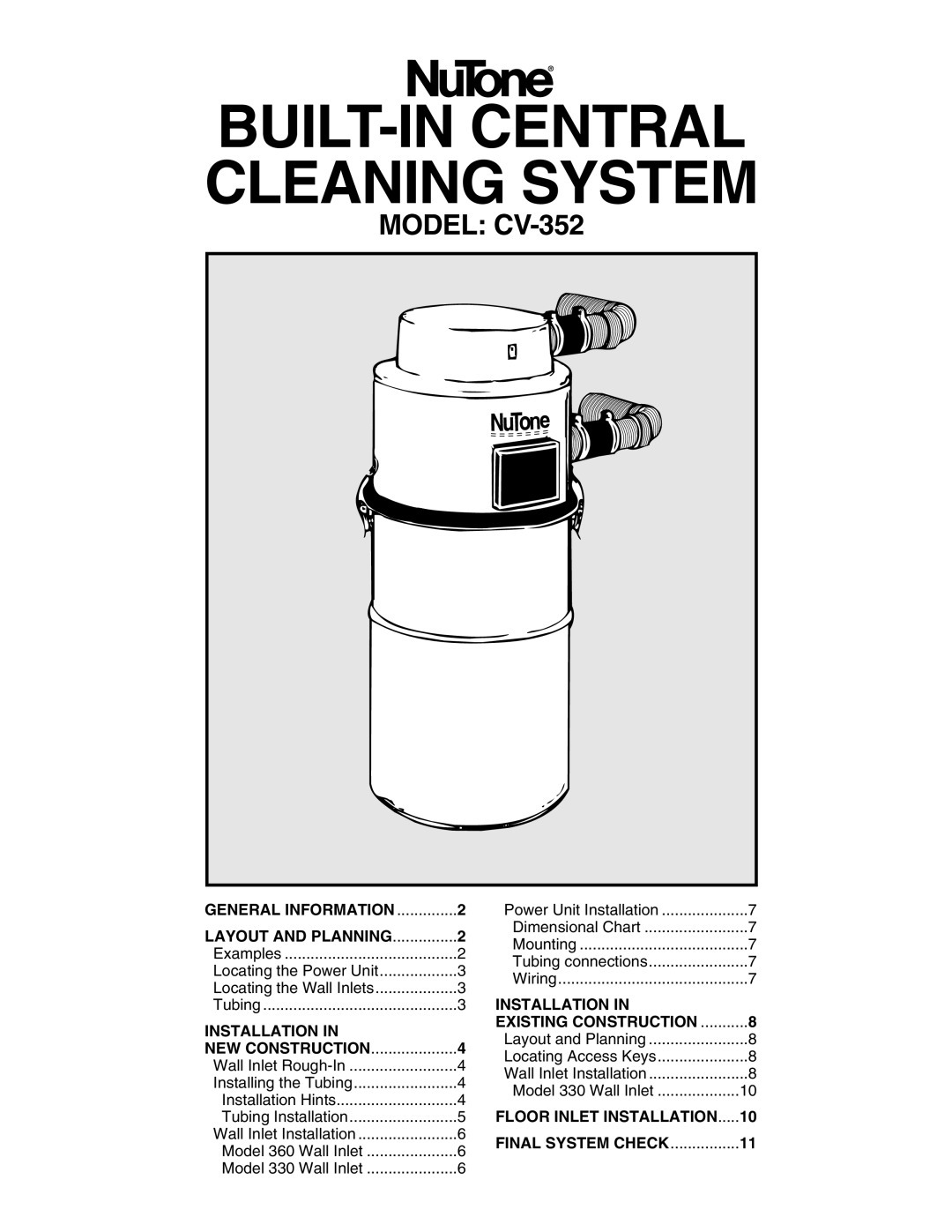 NuTone CV352 manual BUILT-IN Central Cleaning System, Model CV-352 