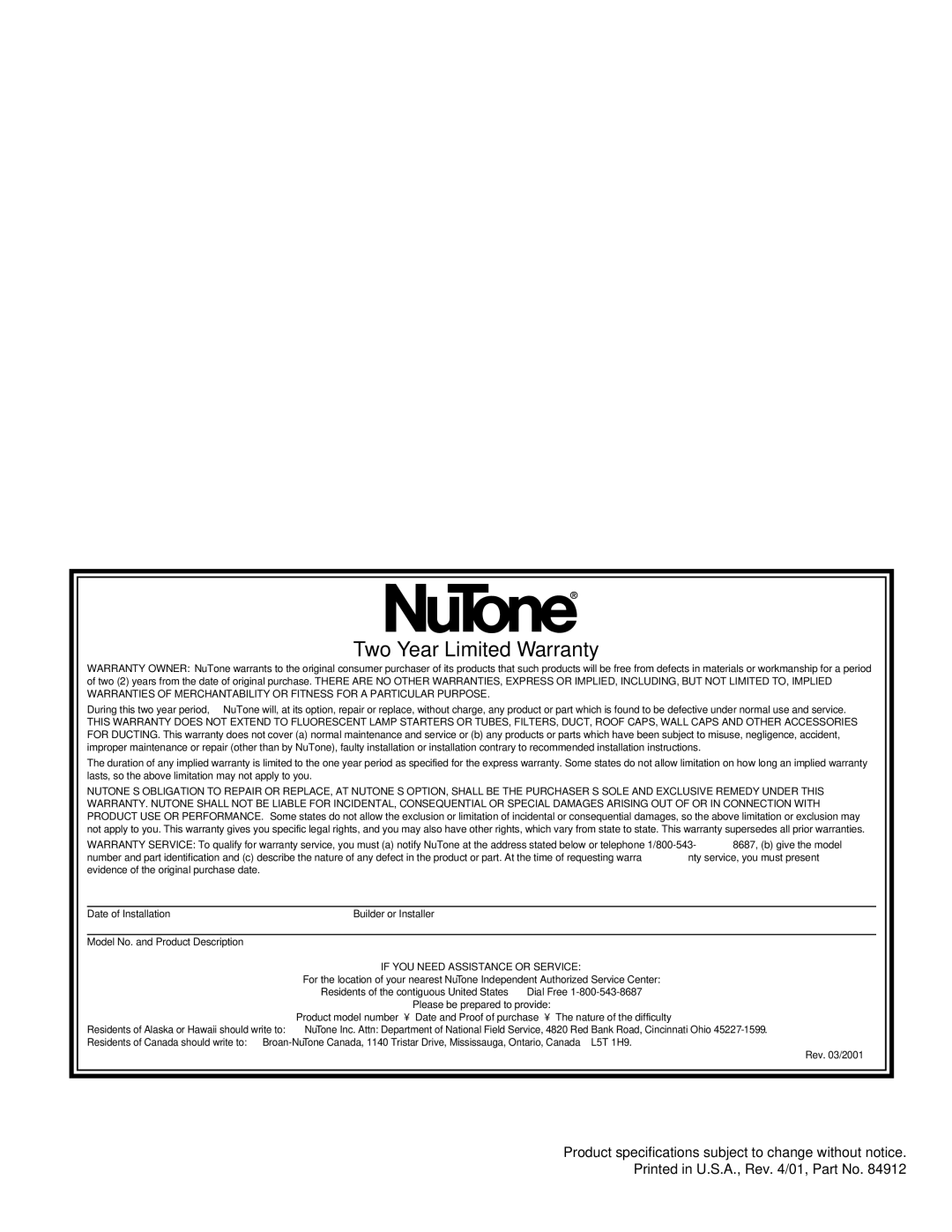 NuTone CV352 manual Two Year Limited Warranty 