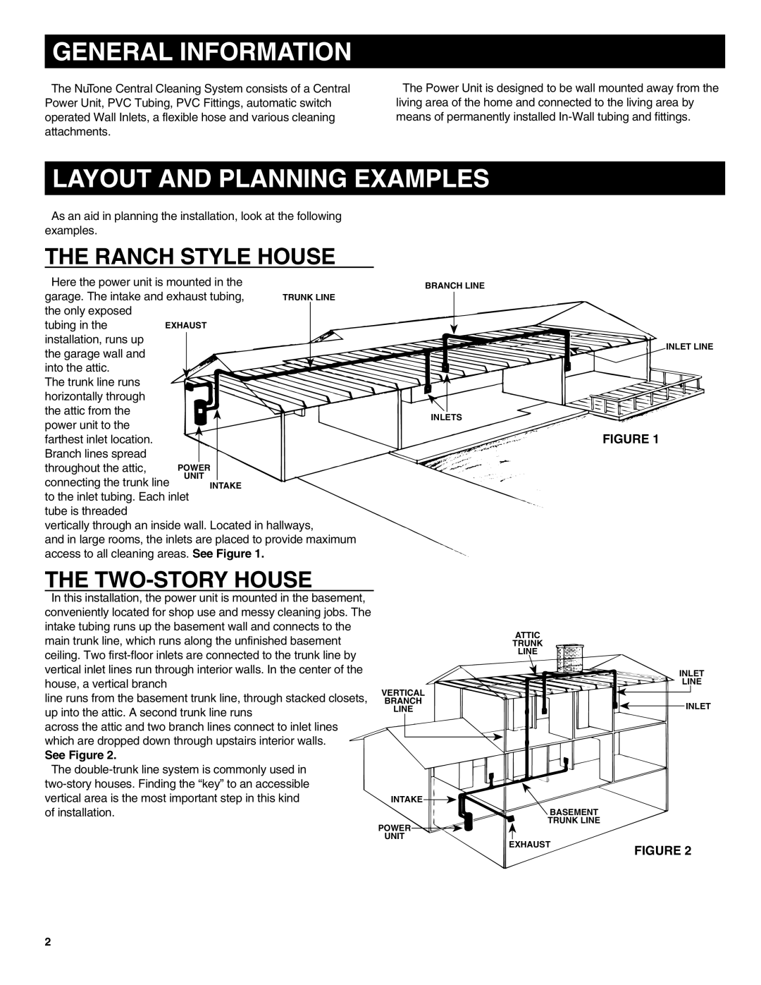 NuTone CV352 manual General Information, Layout and Planning Examples, Ranch Style House, TWO-STORY House 