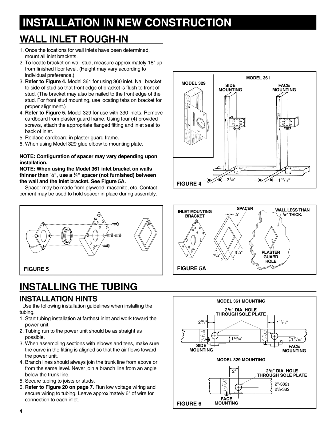 NuTone CV352 manual Installation in NEW Construction, Wall Inlet ROUGH-IN, Installing the Tubing, Installation Hints 