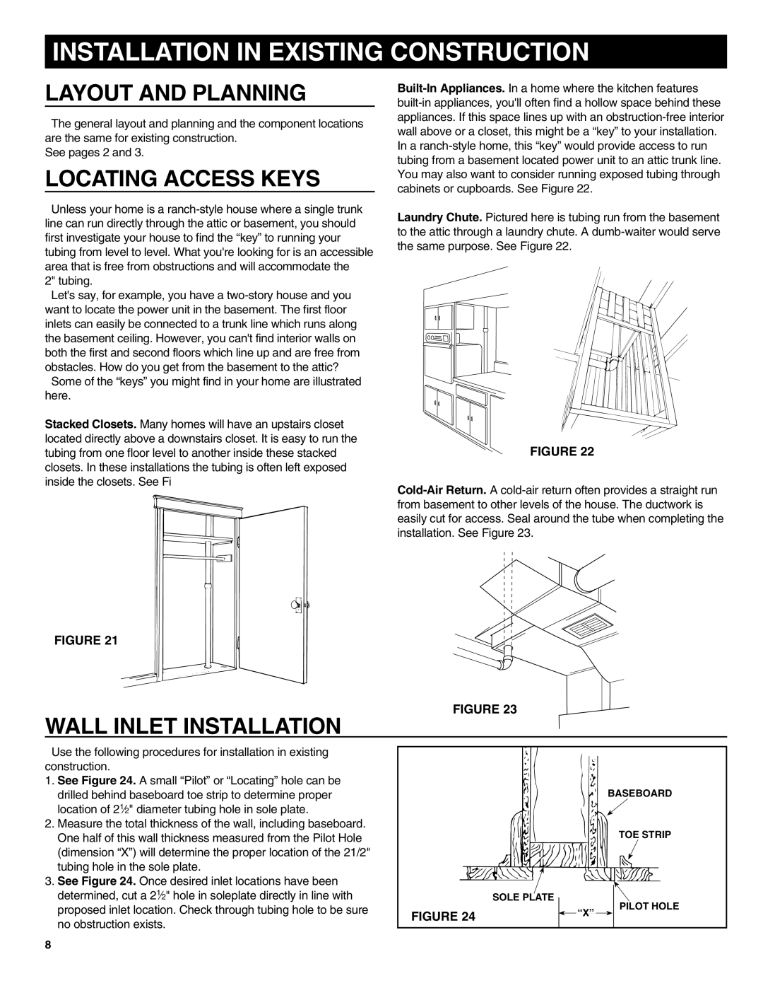 NuTone CV352 manual Installation in Existing Construction, Layout and Planning, Locating Access Keys 