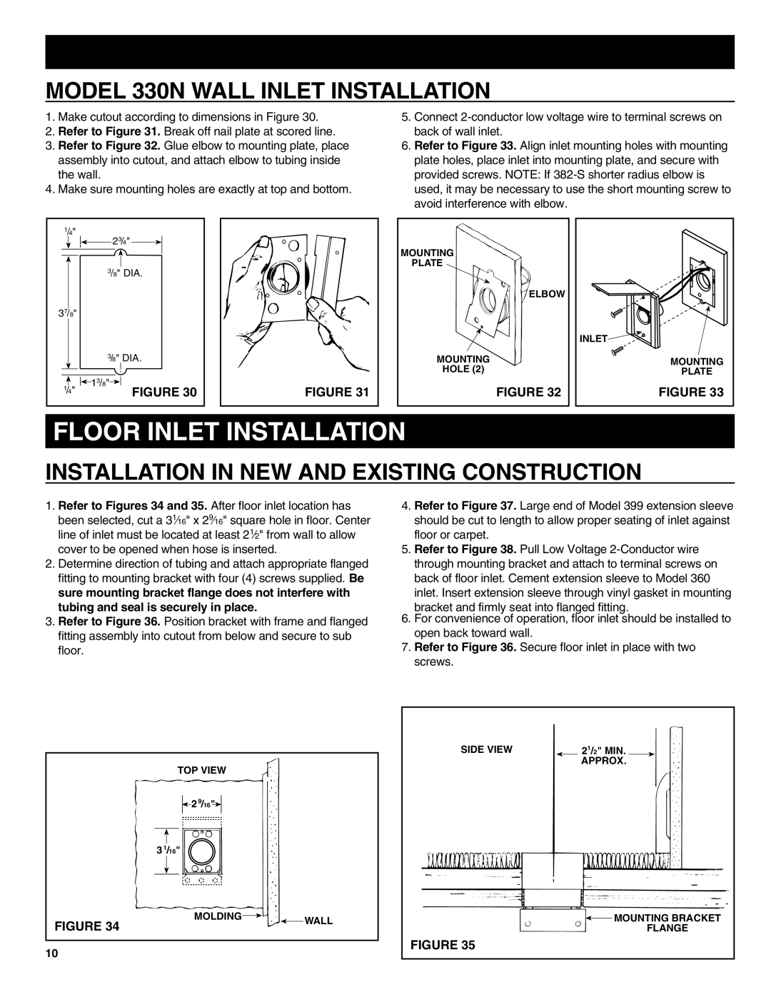 NuTone CV352 Floor Inlet Installation, MODEL 330N WALL INLET INSTALLATION, Installation In New And Existing Construction 