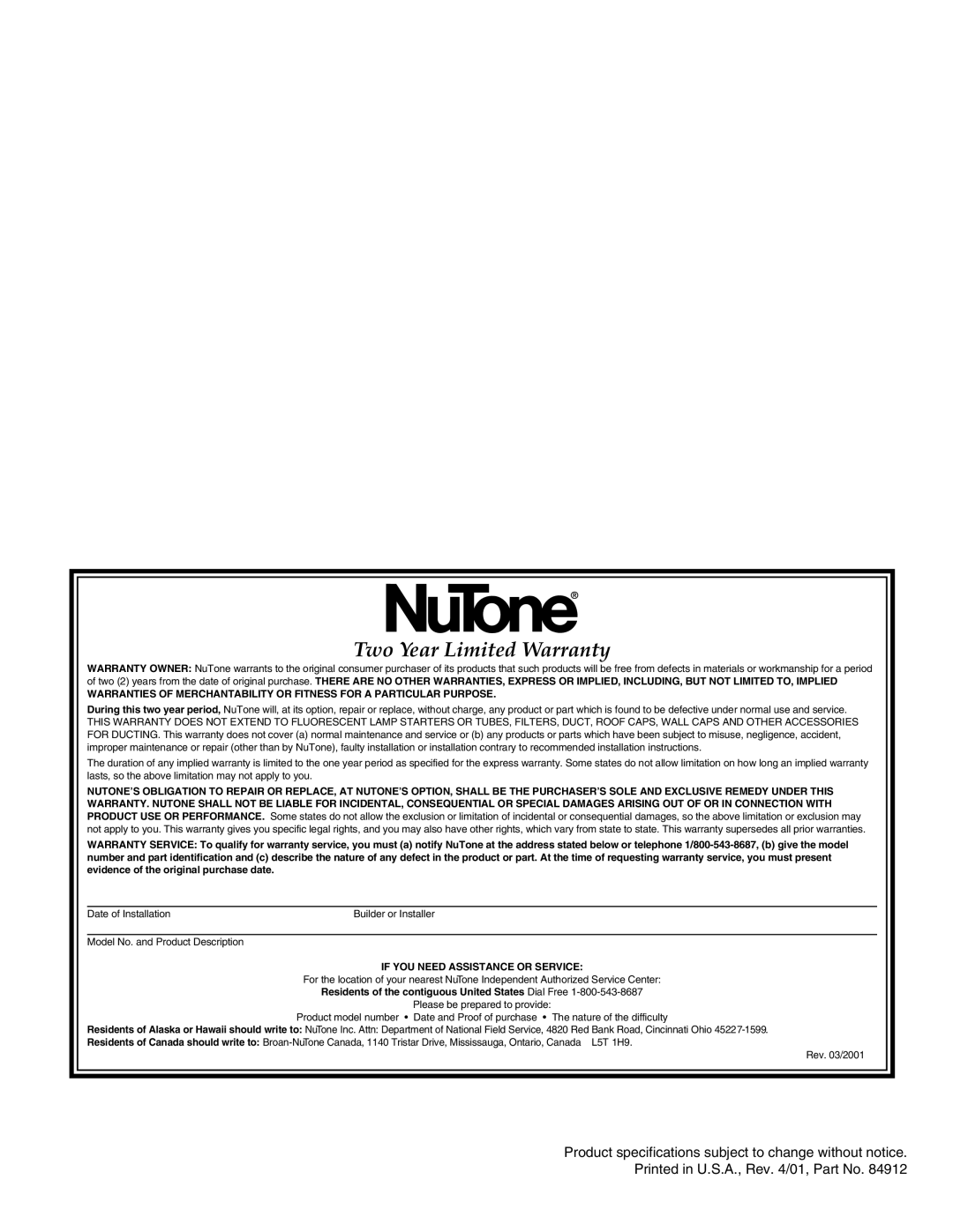 NuTone CV352 manual Two Year Limited Warranty 