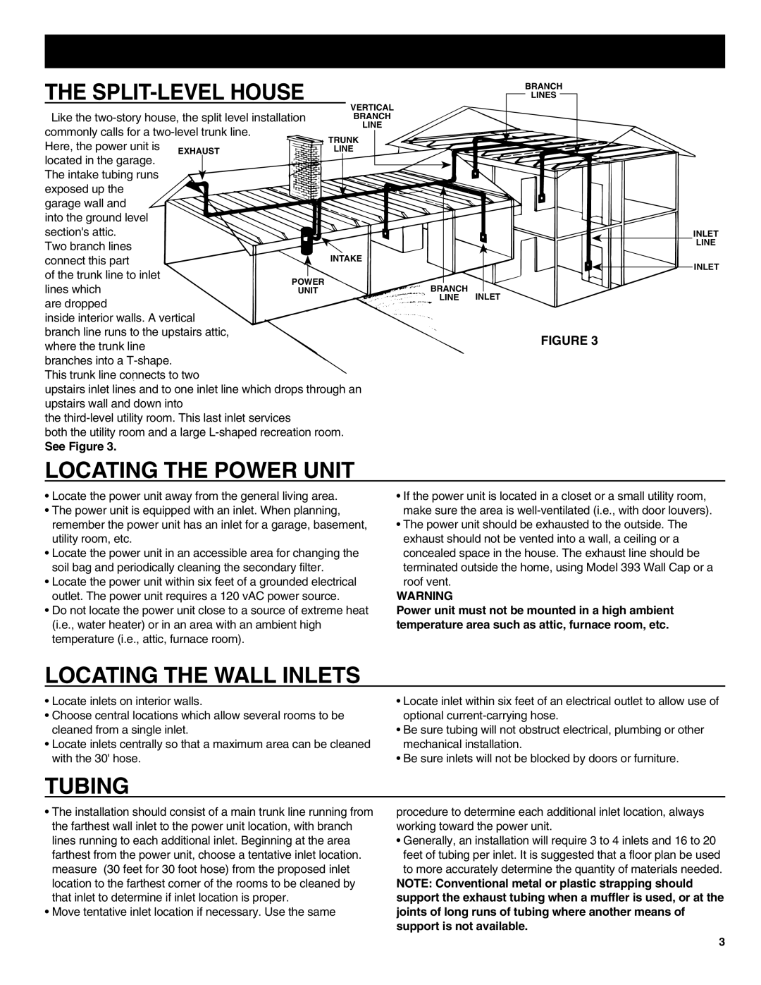 NuTone CV352 manual The Split-Levelhouse, Locating The Power Unit, Locating The Wall Inlets, Tubing, See Figure 