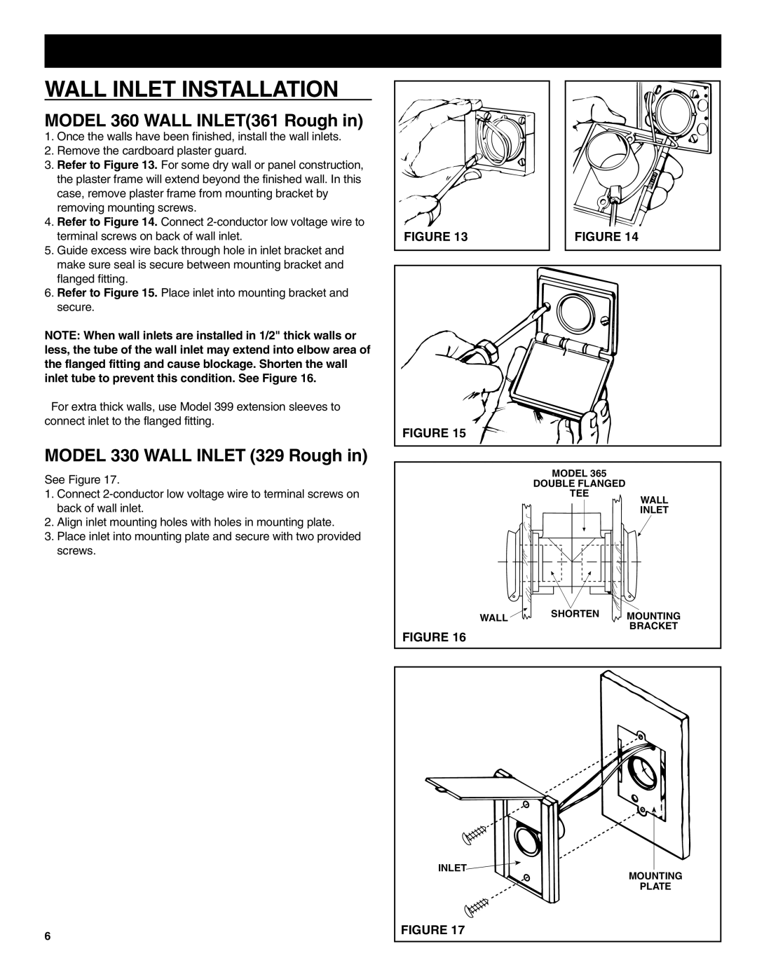 NuTone CV352 manual Wall Inlet Installation, MODEL 360 WALL INLET361 Rough in, MODEL 330 WALL INLET 329 Rough in 