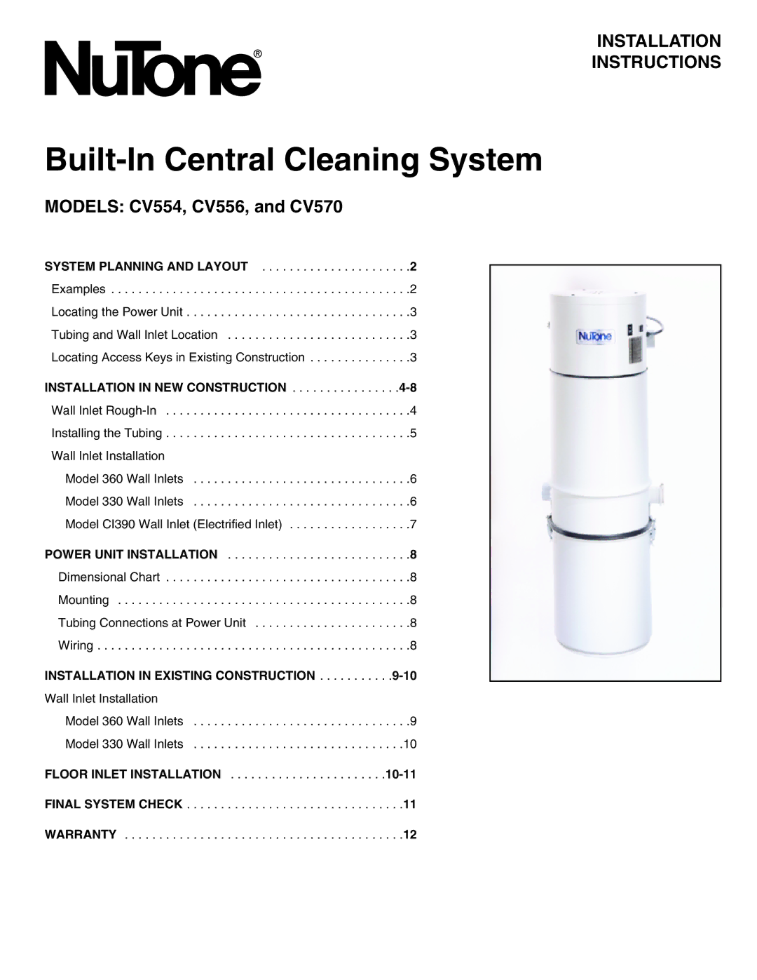 NuTone CV570, CV554, CV556 installation instructions Installation Instructions, Installation in NEW Construction 