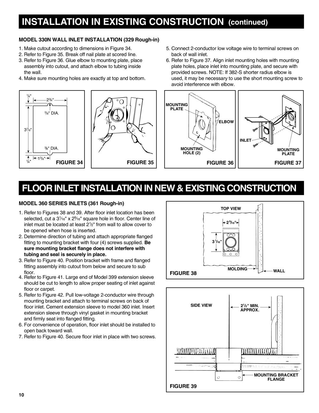 NuTone CV570, CV554, CV556 Installation in Existing Construction, Model 330N Wall Inlet Installation 329 Rough-in 