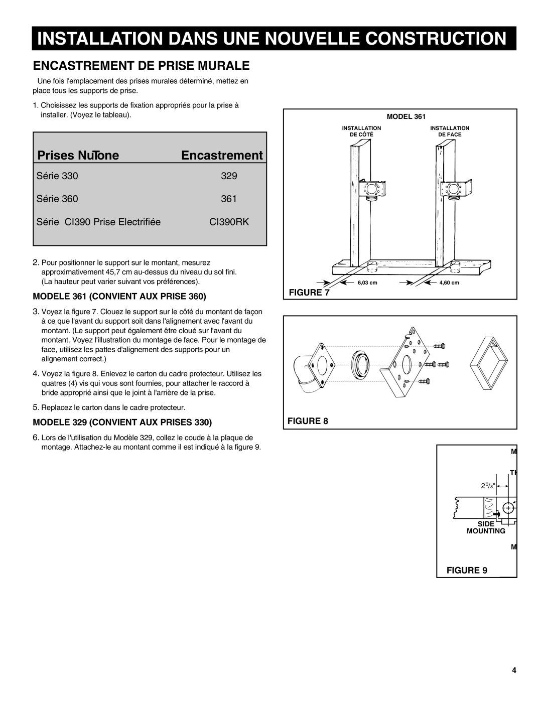 NuTone CV554 Installation Dans UNE Nouvelle Construction, Encastrement DE Prise Murale, Modele 361 Convient AUX Prise 