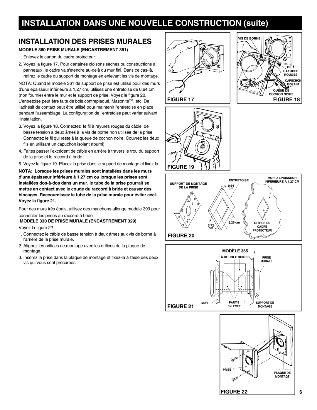 NuTone CV556, CV554, CV570 installation instructions Installation DES Prises Murales, Modele 360 Prise Murale Encastrement 