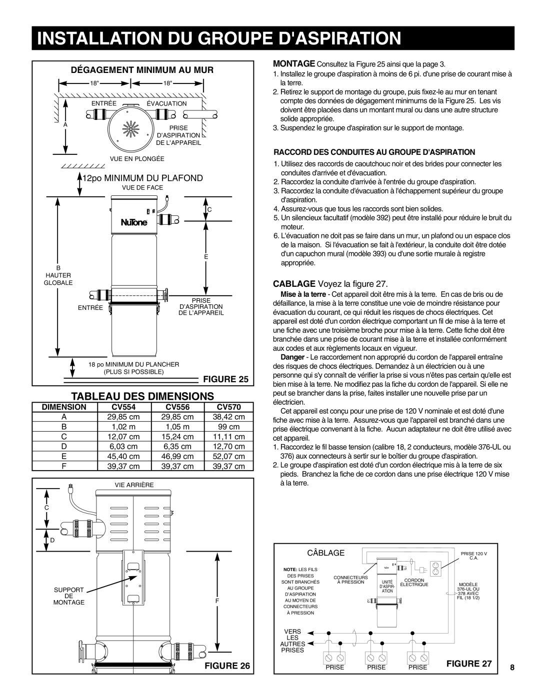 NuTone CV570, CV554, CV556 Installation DU Groupe Daspiration, Tableau DES Dimensions, Dégagement Minimum AU MUR 