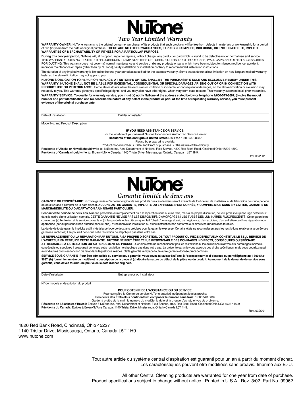 NuTone CV556, CV554, CV570 installation instructions Two Year Limited Warranty 