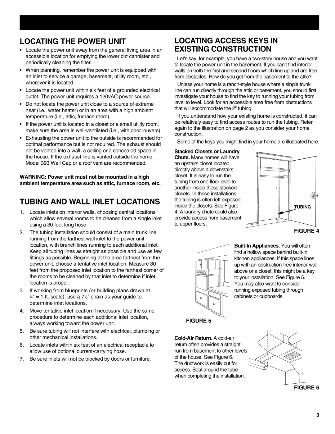 NuTone CV554, CV570 Locating the Power Unit, Tubing and Wall Inlet Locations, Locating Access Keys Existing Construction 