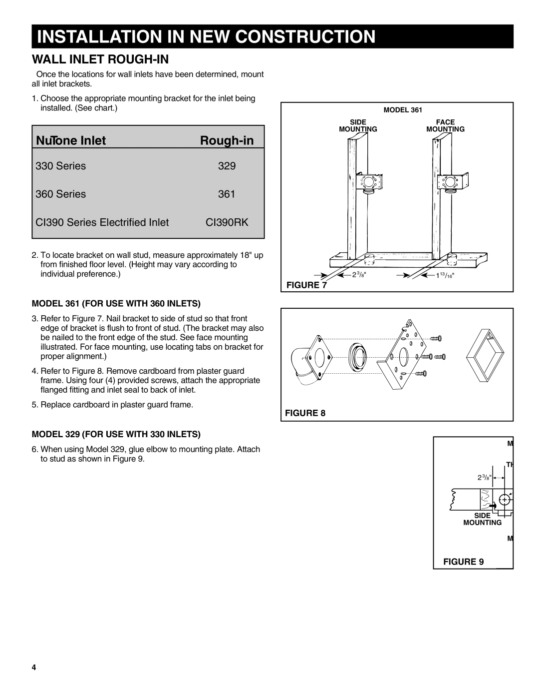 NuTone CV570, CV554, CV556 Installation in NEW Construction, Wall Inlet ROUGH-IN, Model 361 for USE with 360 Inlets 