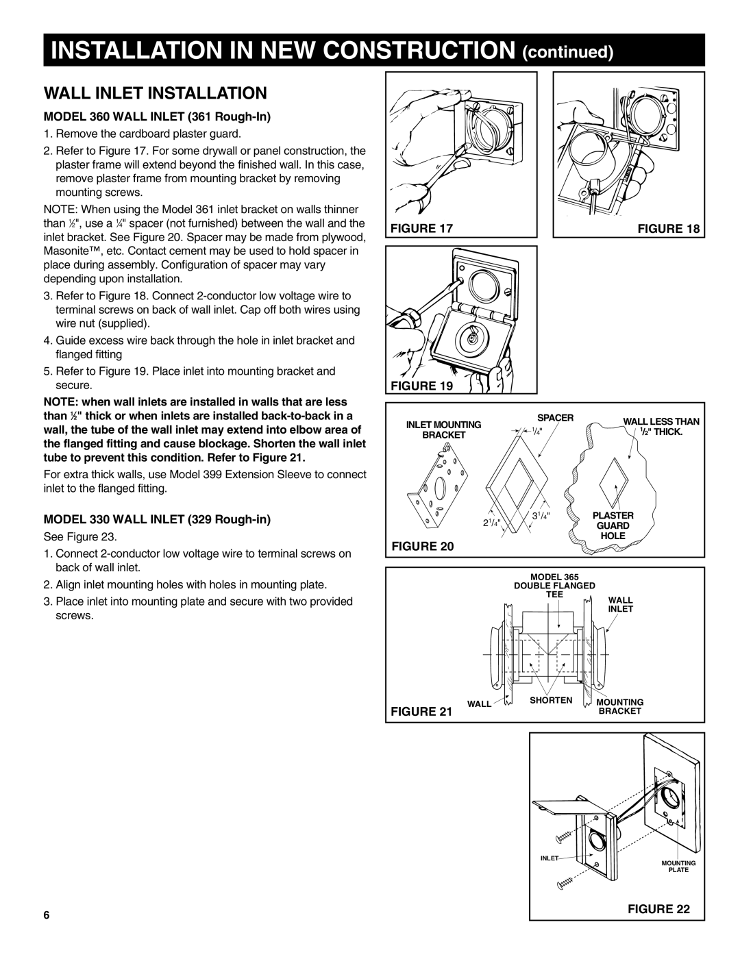 NuTone CV554 Wall Inlet Installation, Model 360 Wall Inlet 361 Rough-In, Tube to prevent this condition. Refer to Figure 