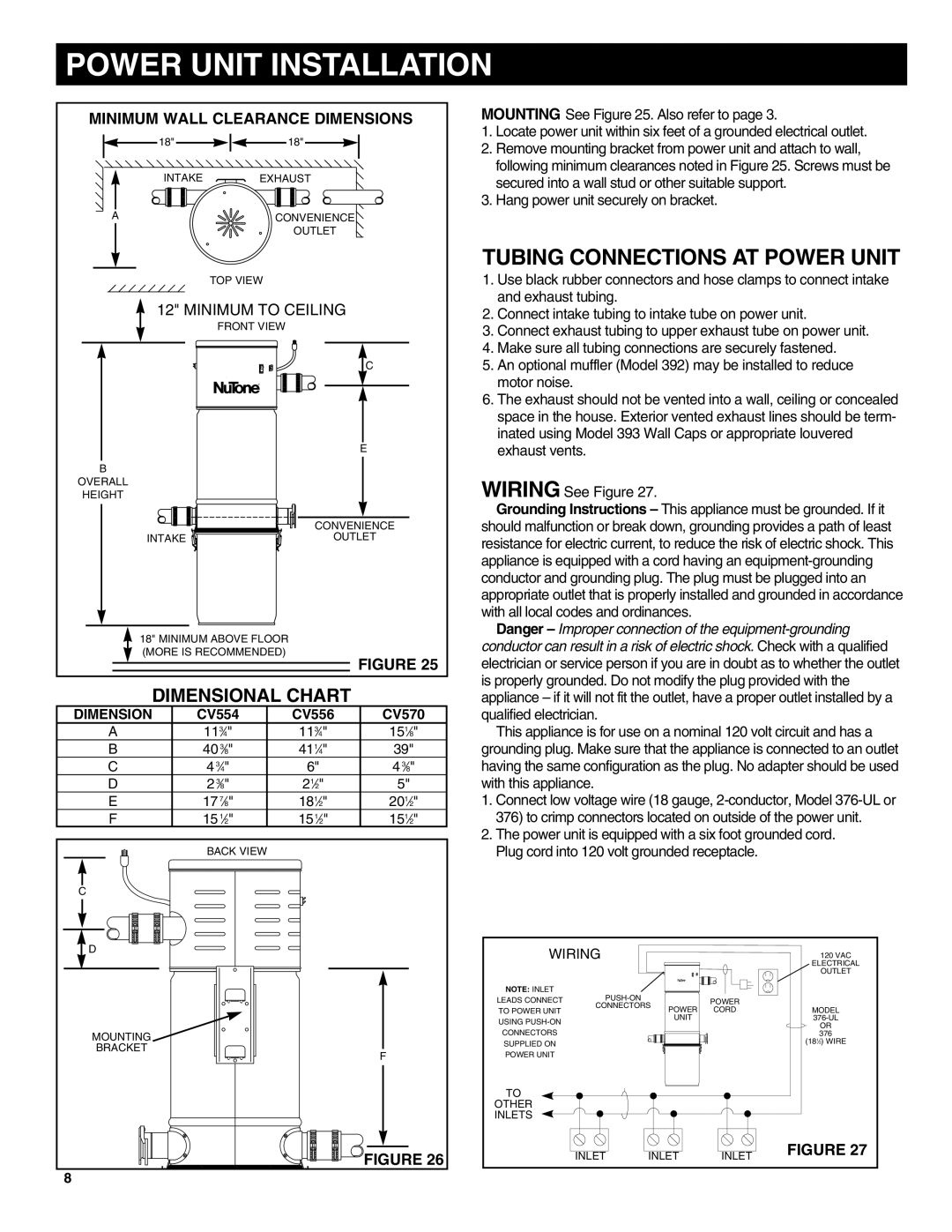 NuTone CV556, CV554, CV570 Power Unit Installation, Tubing Connections AT Power Unit, Dimensional Chart 