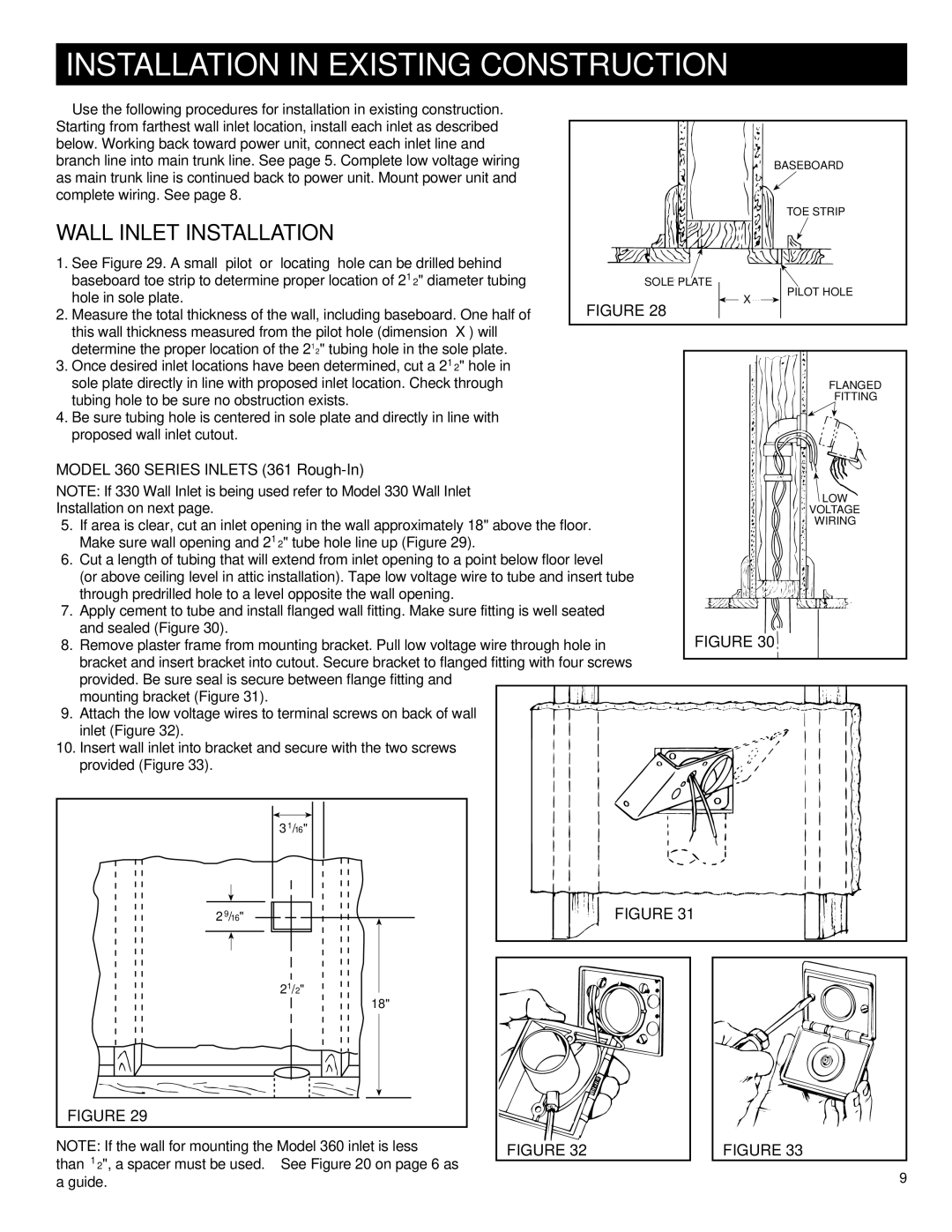 NuTone CV554, CV570, CV556 Installation in Existing Construction, Model 360 Series Inlets 361 Rough-In 