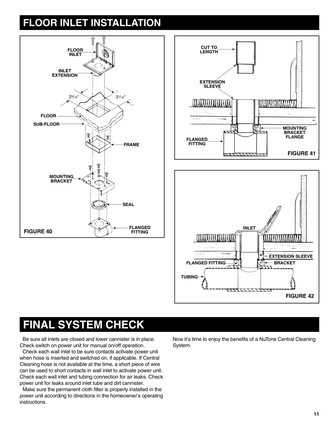 NuTone CV556, CV554, CV570 installation instructions Final System Check, Floor Inlet Installation 