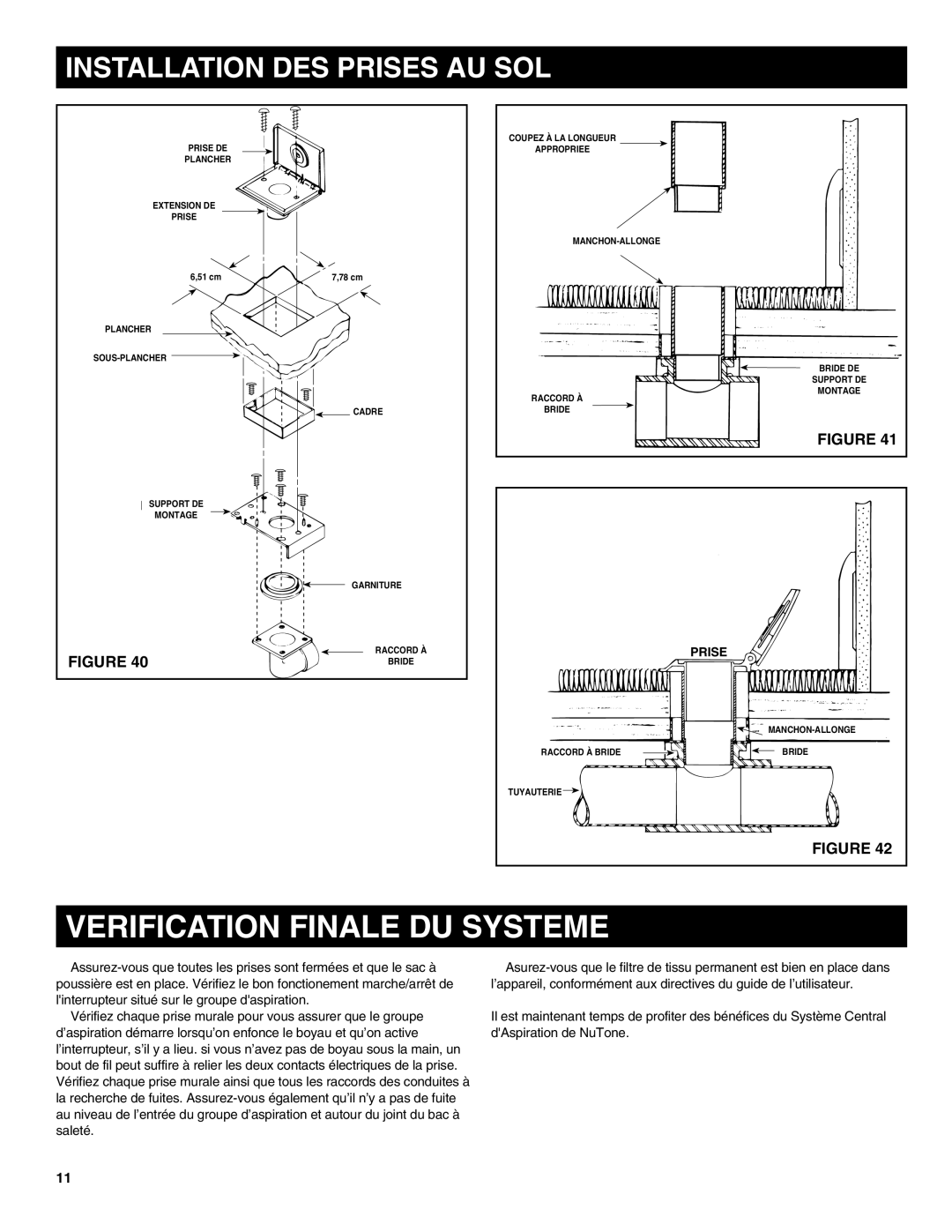 NuTone CV570, CV554, CV556 installation instructions Verification Finale Du Systeme, Installation Des Prises Au Sol 