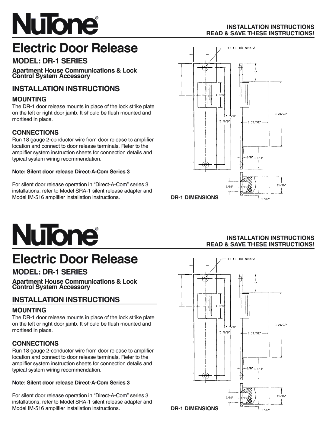 NuTone installation instructions Electric Door Release, Model DR-1 Series, Installation Instructions, Mounting 