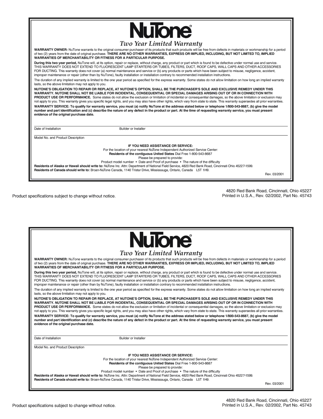 NuTone DR-1 installation instructions Two Year Limited Warranty, If YOU Need Assistance or Service 