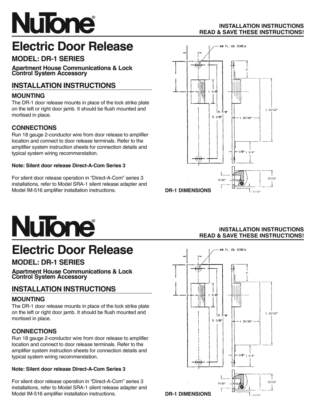NuTone installation instructions Electric Door Release, MODEL DR-1SERIES, Installation Instructions, Mounting 