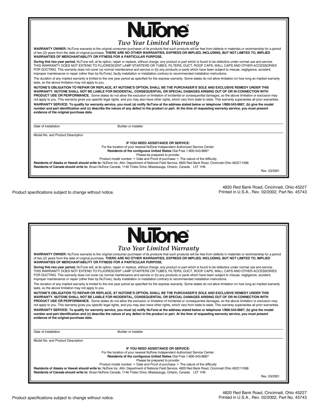 NuTone DR-1 installation instructions Two Year Limited Warranty, Red Bank Road, Cincinnati, Ohio 