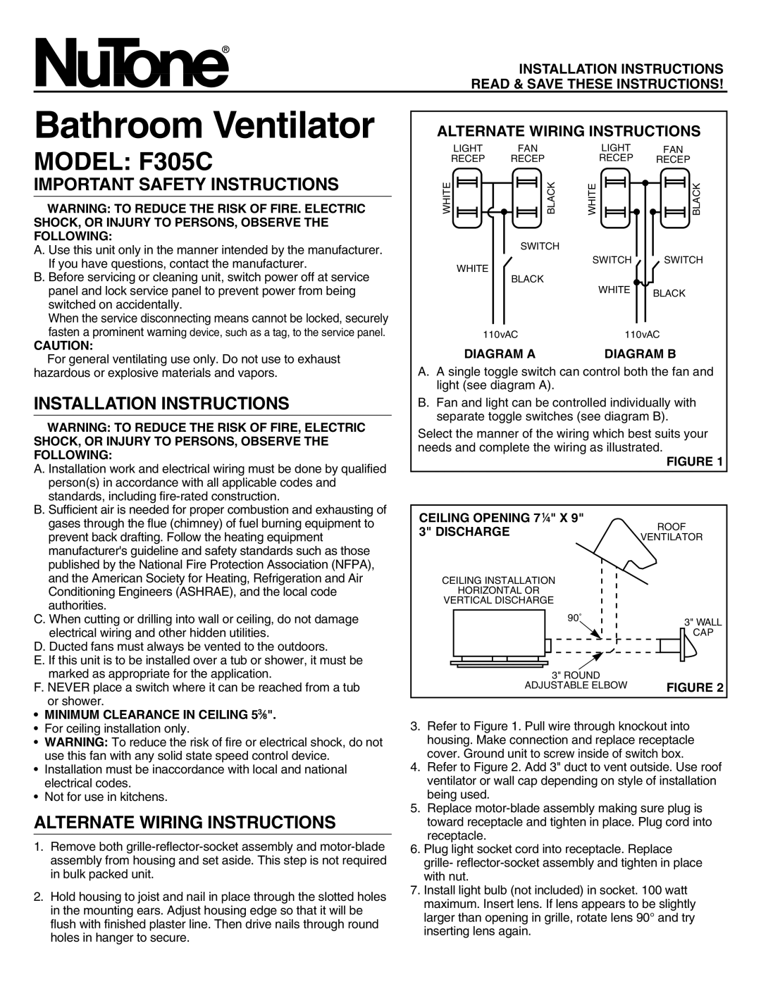 NuTone F305C installation instructions Important Safety Instructions, Installation Instructions 