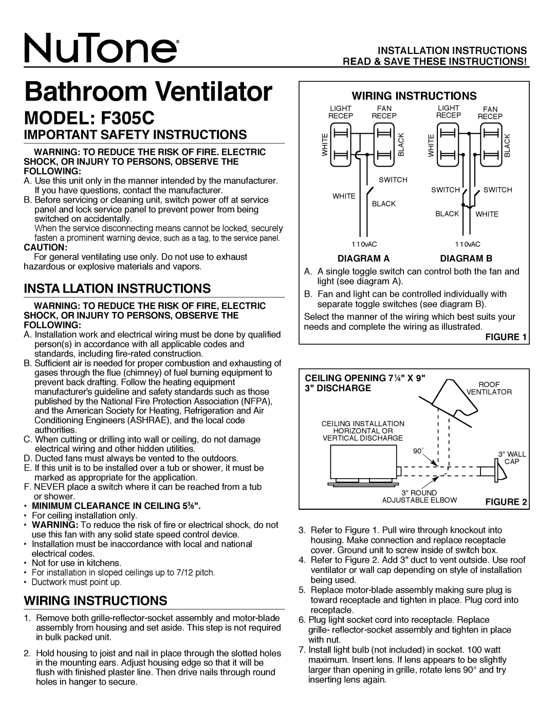 NuTone installation instructions Bathroom Ventilator, Model F305C, Important Safety Instructions, Wiring Instructions 