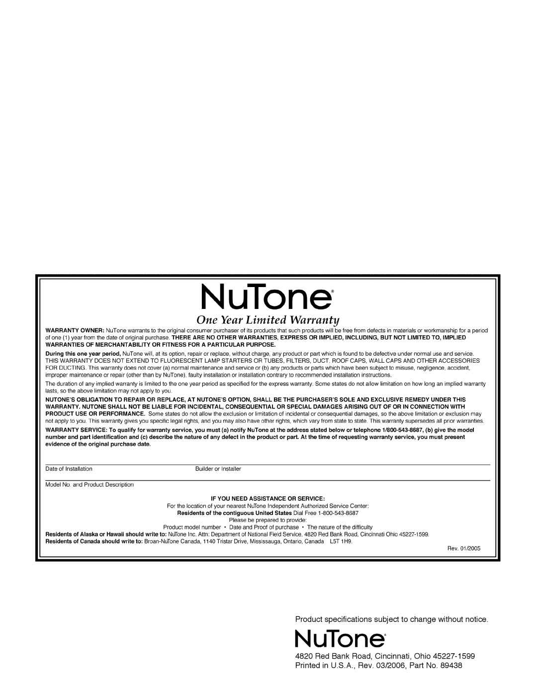 NuTone F305C installation instructions Product specifications subject to change without notice 