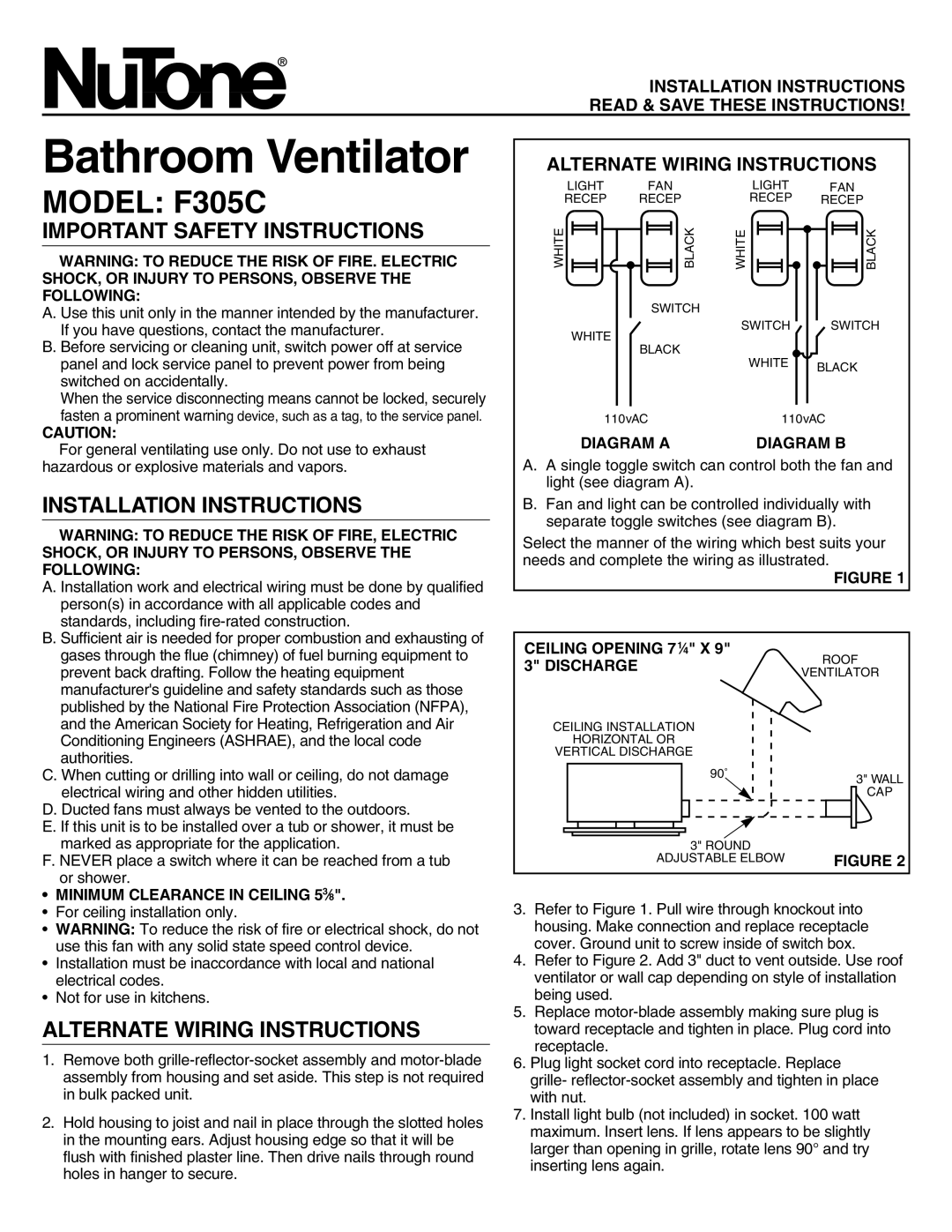 NuTone installation instructions Bathroom Ventilator, MODEL F305C, Important Safety Instructions, Wiring Instructions 