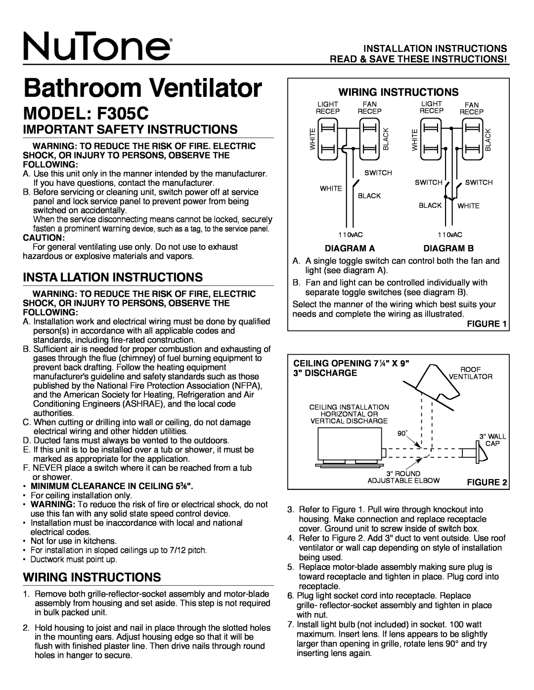 NuTone installation instructions Bathroom Ventilator, MODEL F305C, Important Safety Instructions, Wiring Instructions 