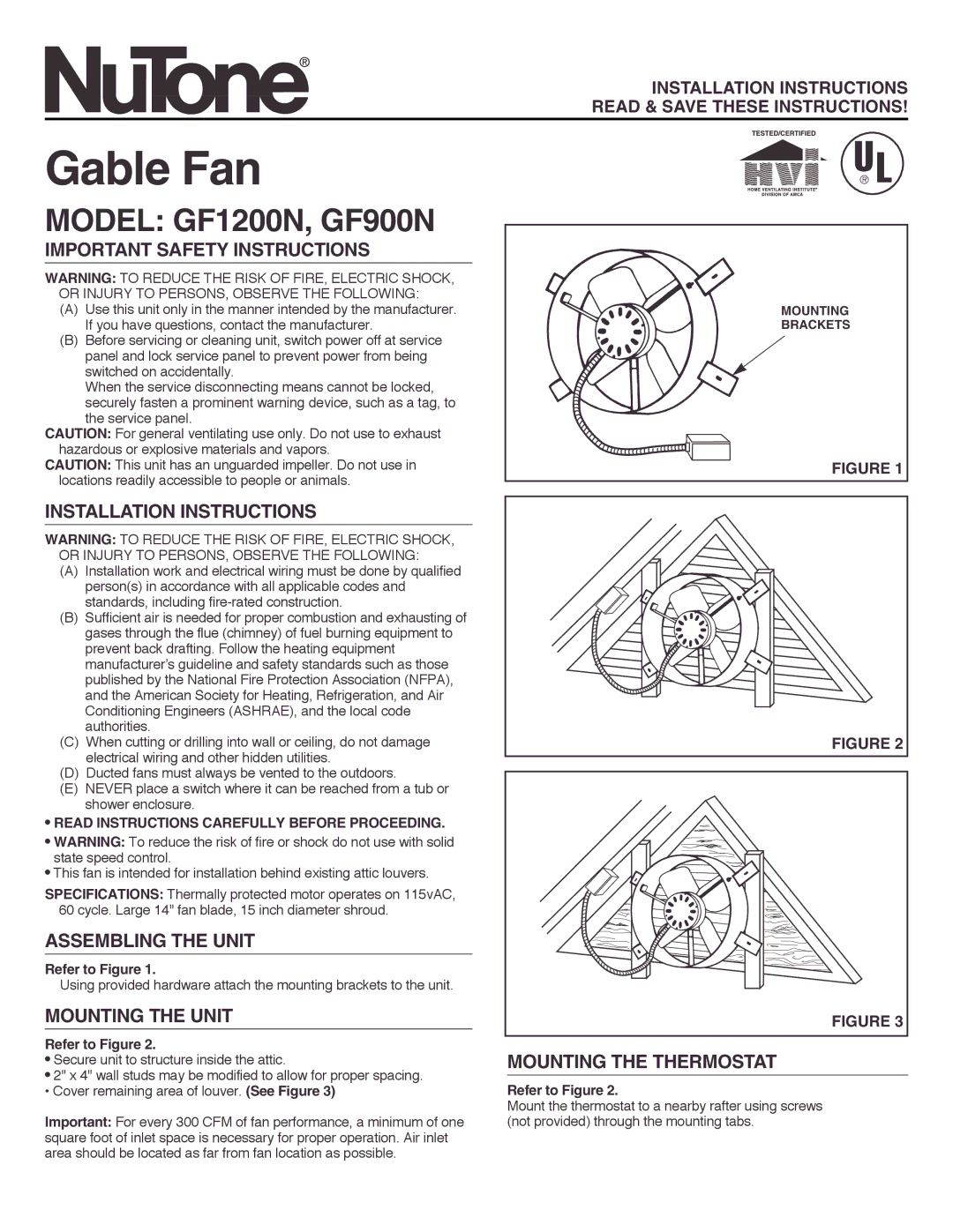 NuTone GF1200N installation instructions Important Safety Instructions, Installation Instructions, Assembling the Unit 