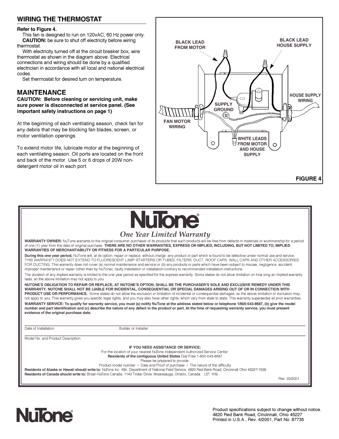 NuTone GF900N, GF1200N installation instructions Wiring the Thermostat, Maintenance 