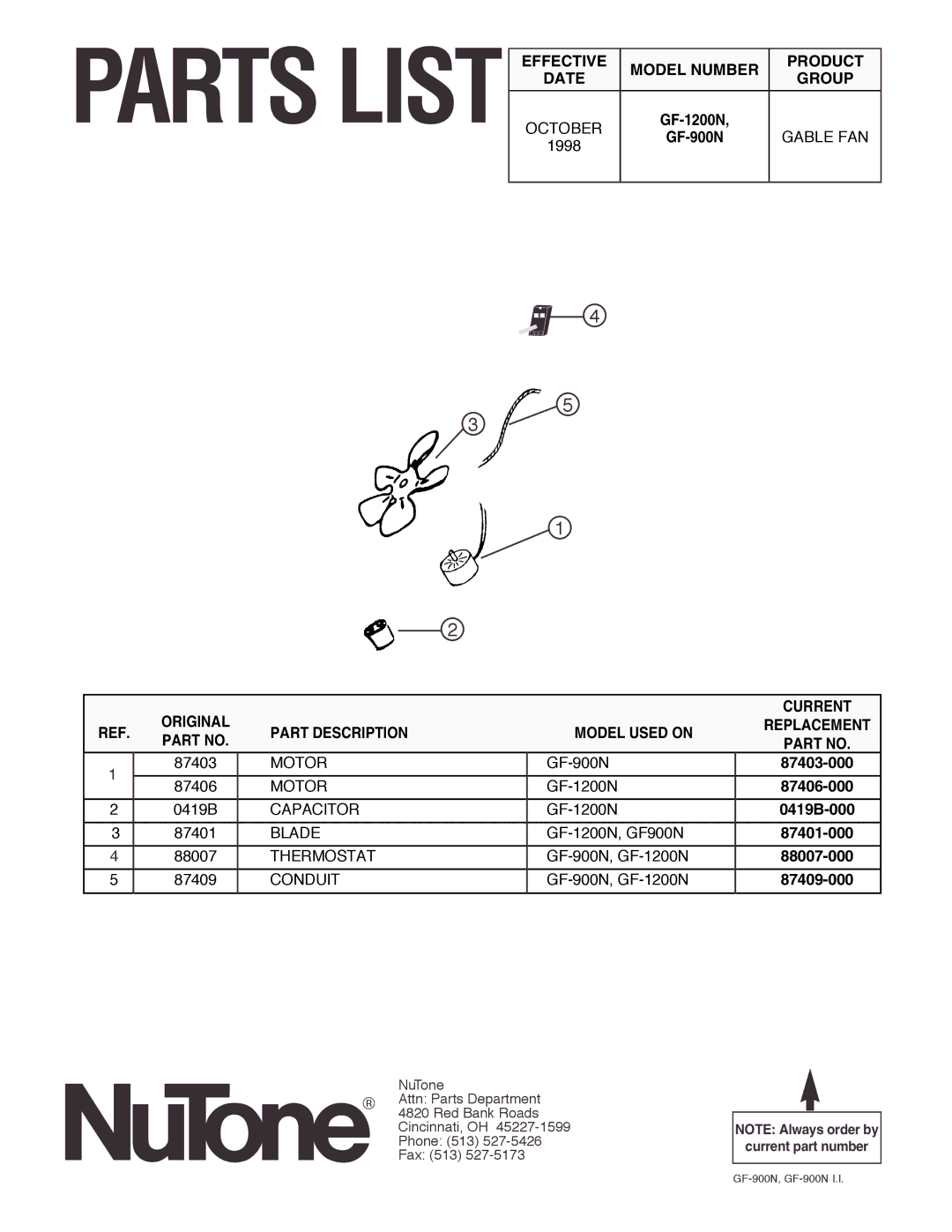 NuTone GF1200N, GF900N installation instructions Parts List 