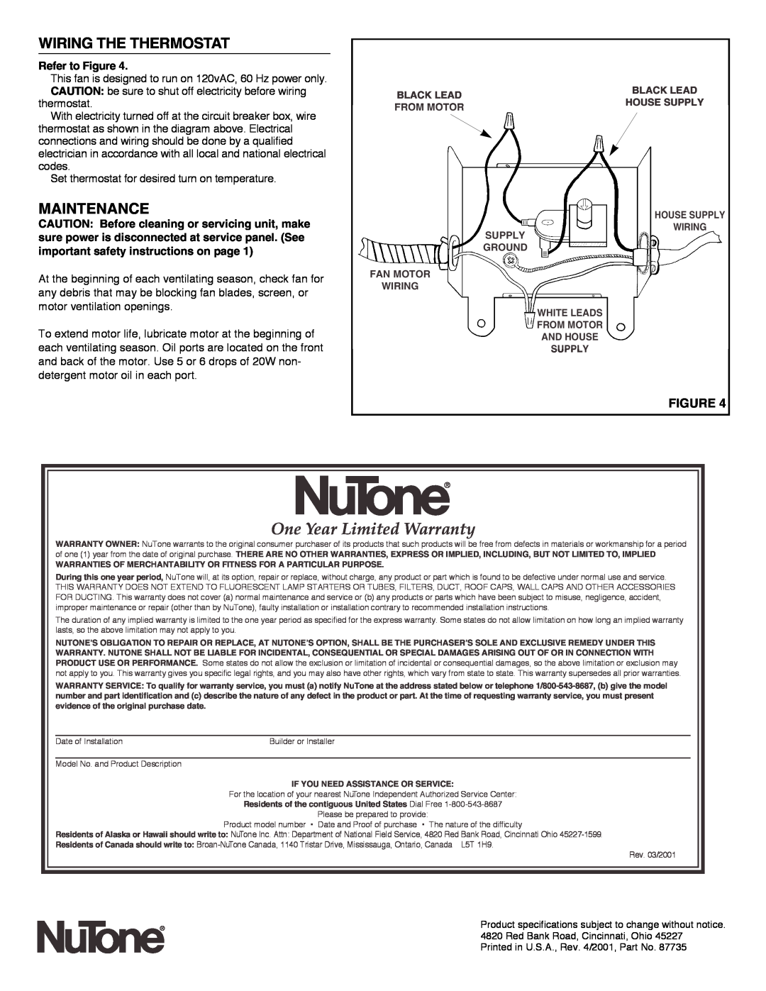 NuTone GF900N, GF1200N Wiring The Thermostat, Maintenance, One Year Limited Warranty, Refer to Figure 