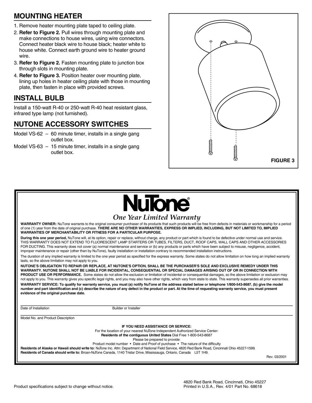 NuTone H-910W installation instructions Mounting Heater, Install Bulb, Nutone Accessory Switches 