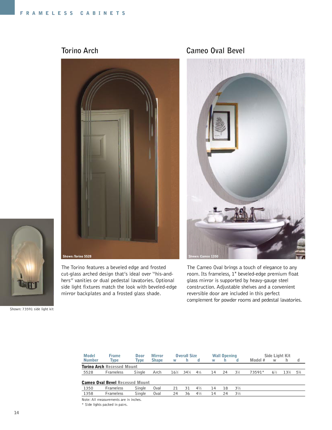 NuTone Hampton Series manual Cameo Oval Bevel, Side Light Kit, Model # Torino Arch Recessed Mount 