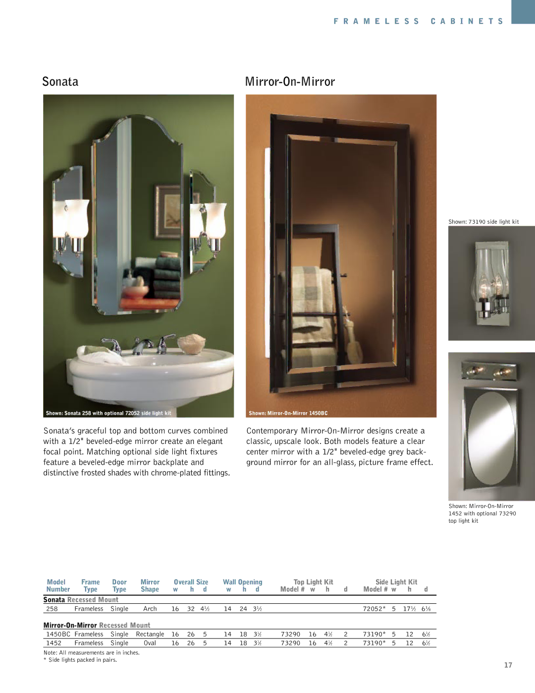 NuTone Hampton Series manual Model # w Sonata Recessed Mount, Mirror-On-Mirror Recessed Mount 