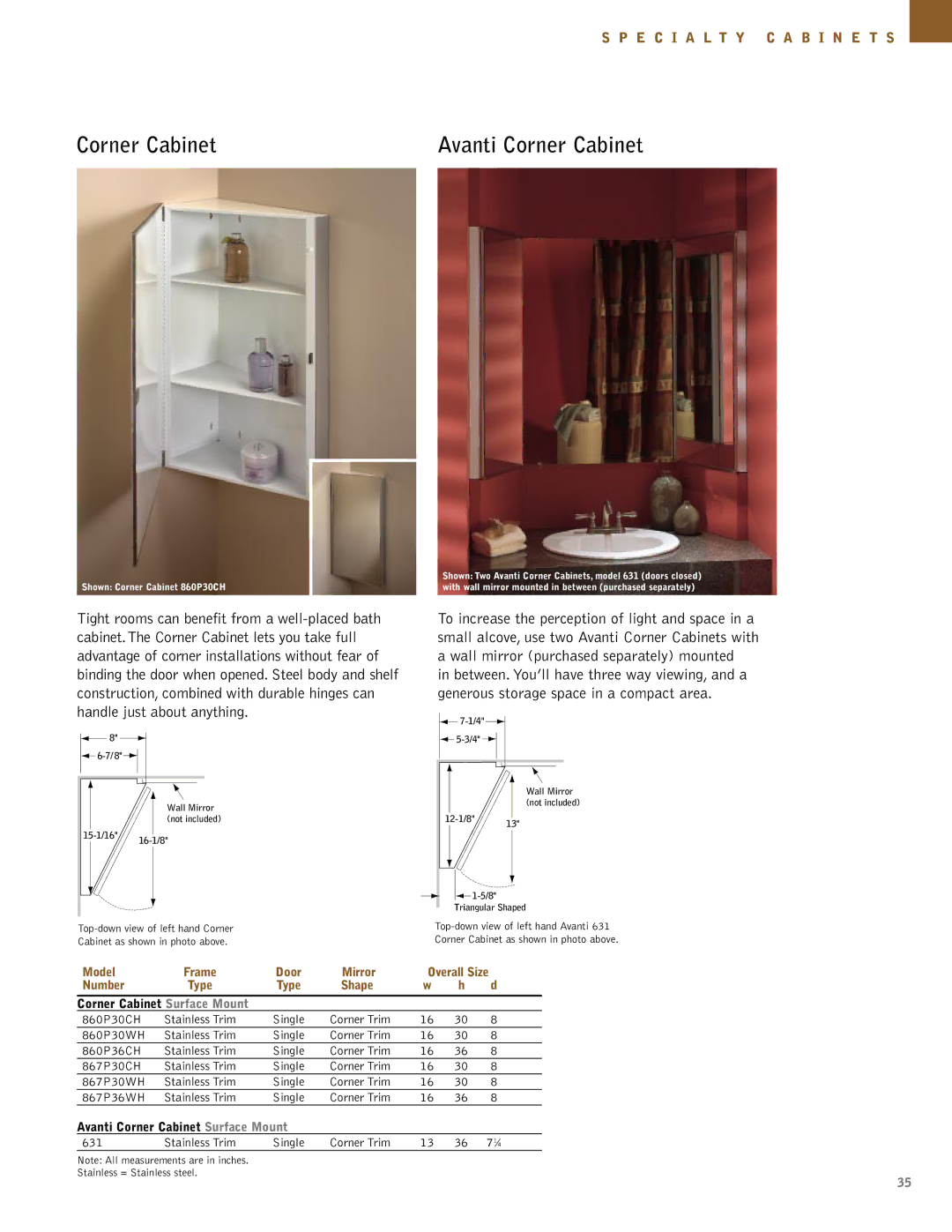 NuTone Hampton Series manual Avanti Corner Cabinet Surface Mount 