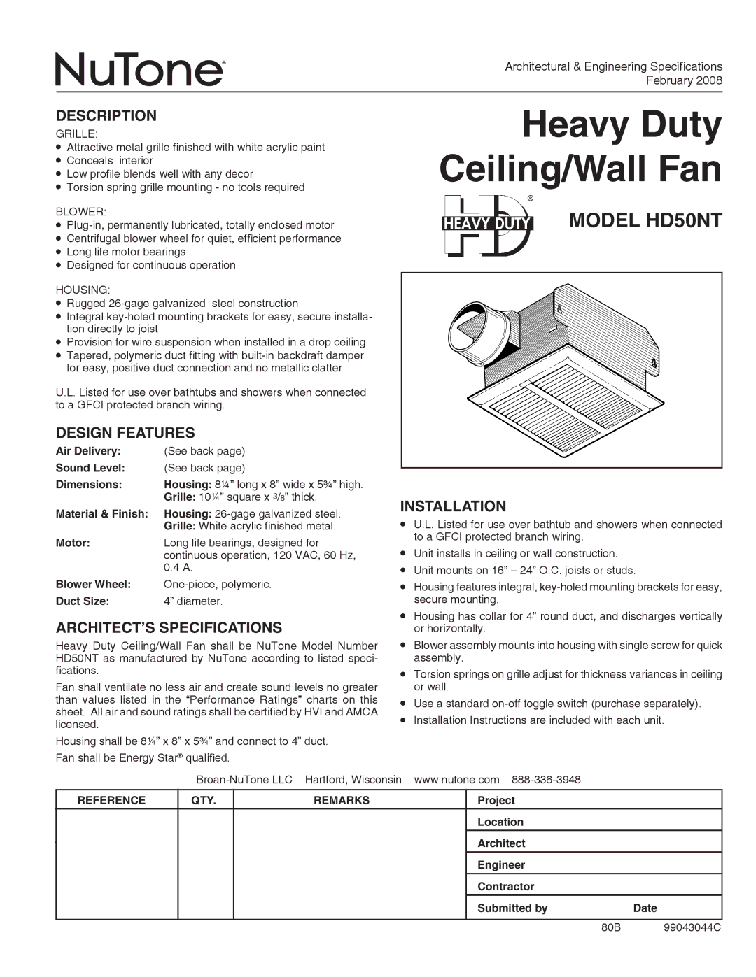 NuTone HD50NT dimensions Description, Design Features, ARCHITECT’S Specifications, Installation, Reference QTY Remarks 