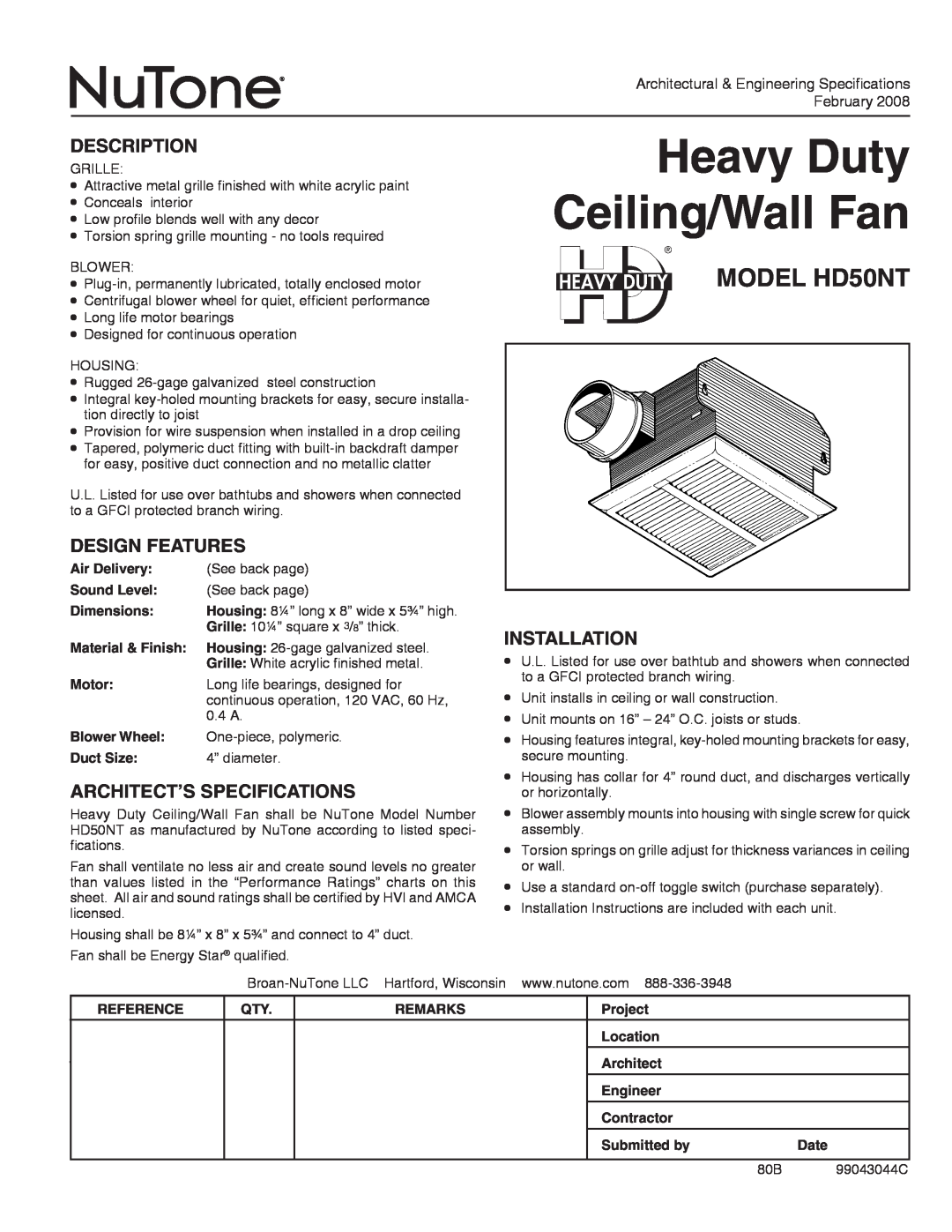 NuTone dimensions Heavy Duty Ceiling/Wall Fan, MODEL HD50NT, Description, Design Features, Architect’S Specifications 