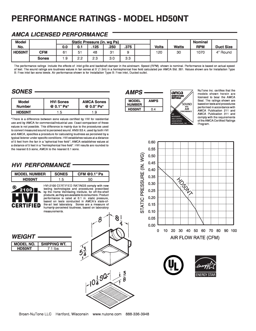NuTone dimensions PERFORMANCE RATINGS - MODEL HD50NT, Amca Licensed Performance, Sones, Amps, Hvi Performance, Weight 