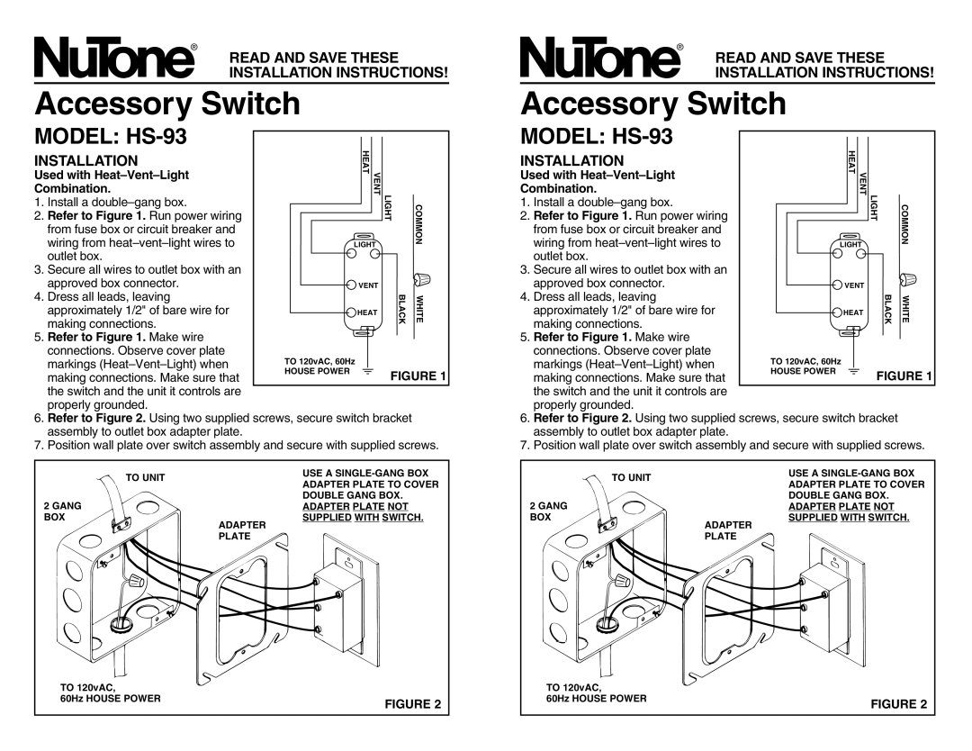 NuTone installation instructions Accessory Switch, Model HS-93, Read and Save These Installation Instructions 