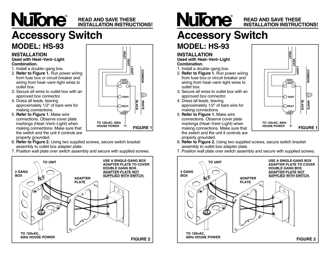 NuTone installation instructions Accessory Switch, MODEL HS-93, Read And Save These Installation Instructions 