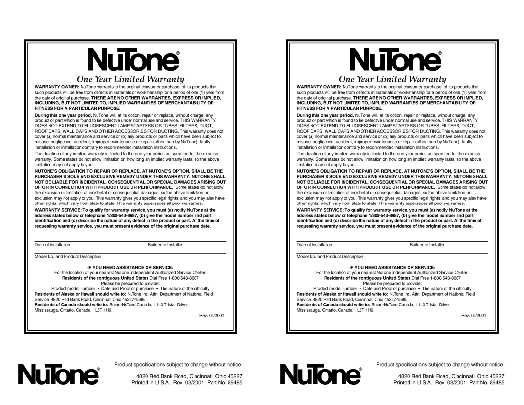 NuTone HS-93 installation instructions One Year Limited Warranty, Product specifications subject to change without notice 