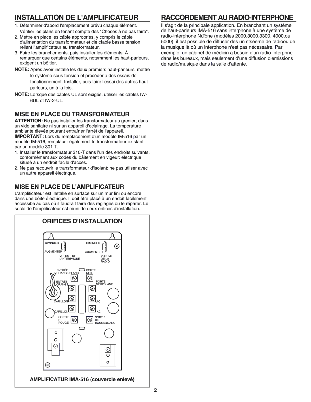 NuTone IA-29, IA-28 operating instructions Installation DE Lamplificateur, Raccordement AU RADIO-INTERPHONE 