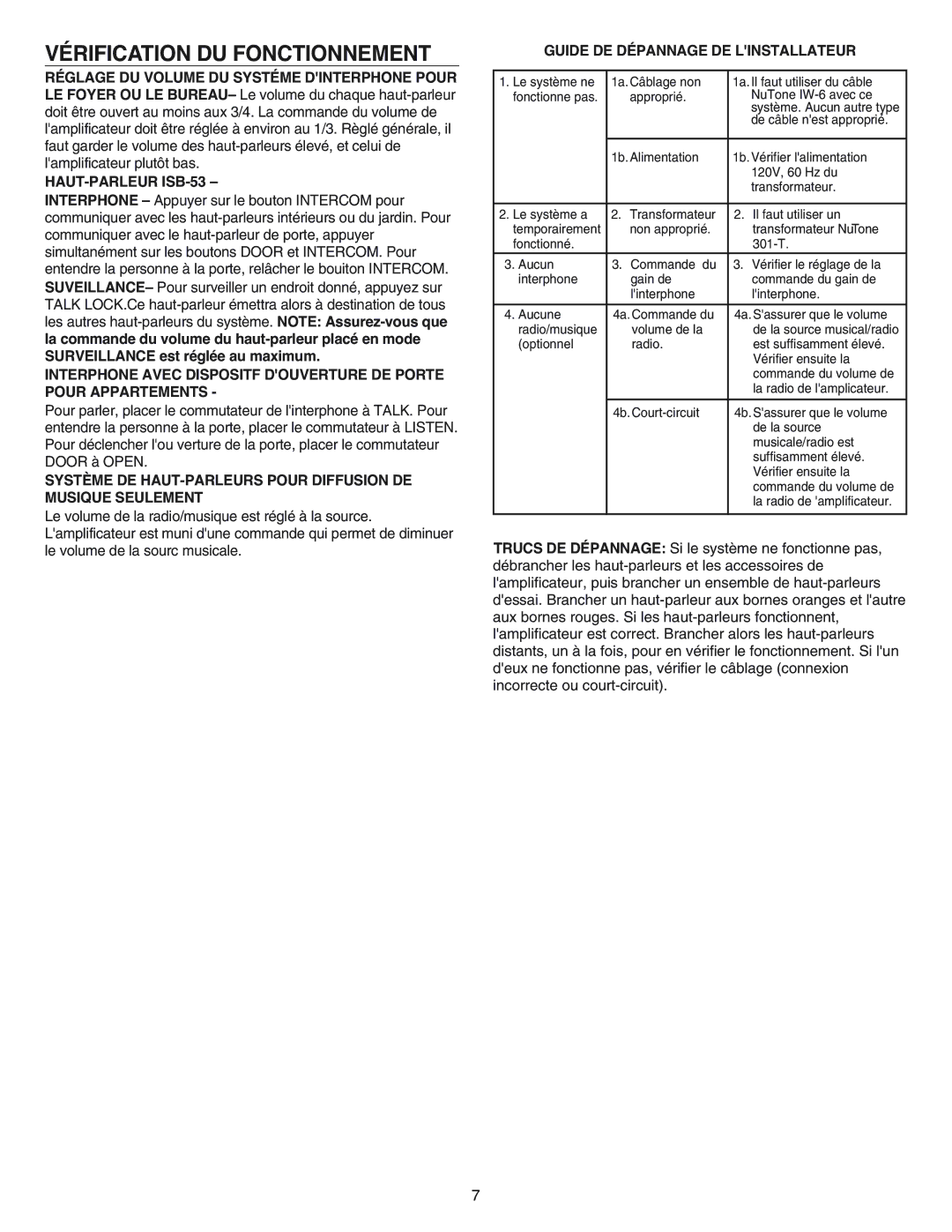 NuTone IA-28, IA-29 operating instructions Vérification DU Fonctionnement, HAUT-PARLEUR ISB-53 