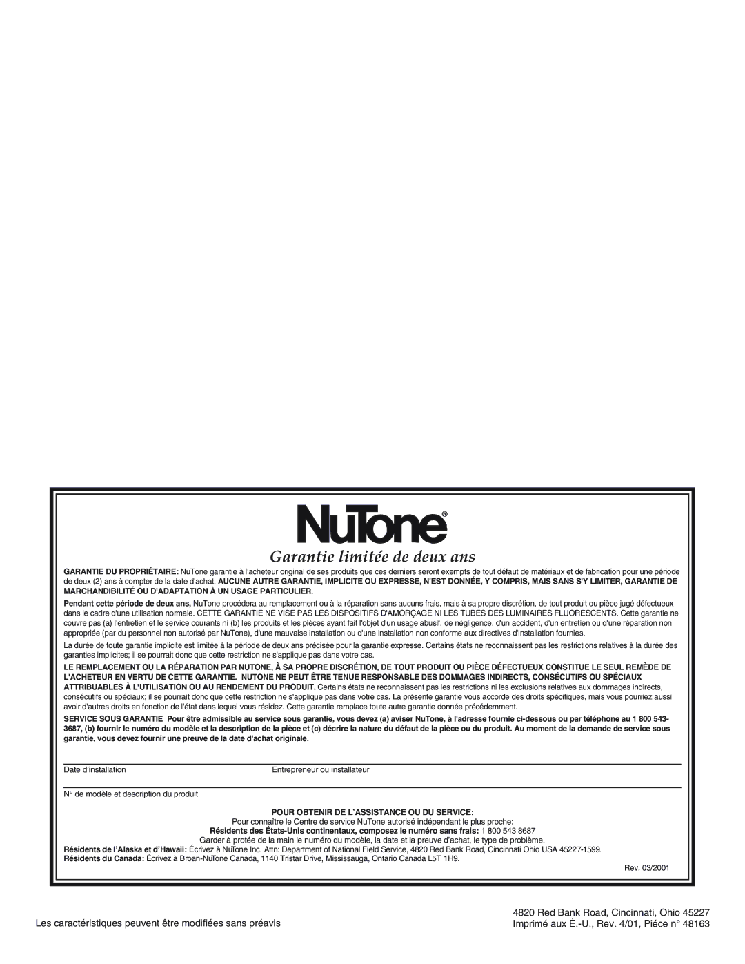 NuTone IA-29, IA-28 Marchandibilité OU Dadaptation À UN Usage Particulier, Pour Obtenir DE L’ASSISTANCE OU DU Service 