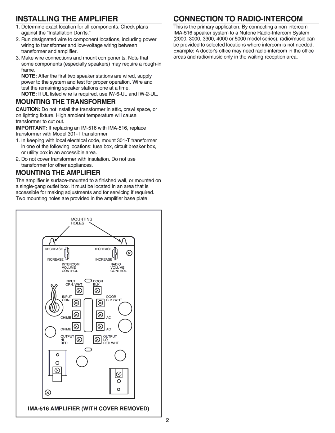 NuTone IA-29, IA-28 operating instructions Installing the Amplifier, Connection to RADIO-INTERCOM 