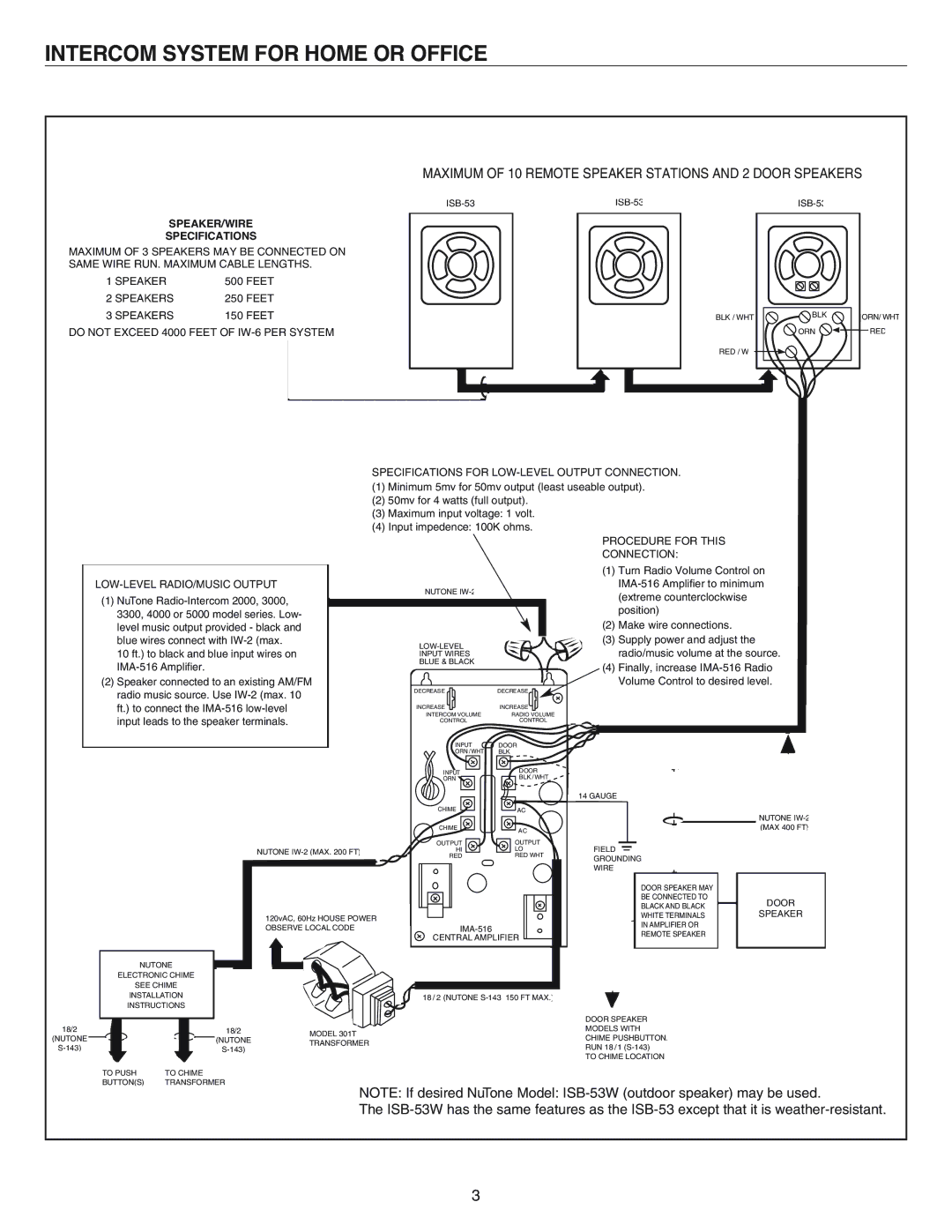 NuTone IA-28, IA-29 operating instructions SPEAKER/WIRE Specifications 